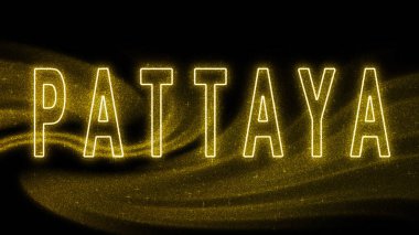 Pattaya Gold Işıltılı harfleri, Pattaya Turizm ve Seyahat, Yaratıcı tipografi metin pankartı, siyah arkaplanda.