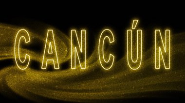 Cancun Gold Işıltılı harfleri, Cancun Turizm ve Seyahat, Yaratıcı tipografi metin pankartı, siyah arkaplanda.
