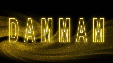 Dammam Altın Işıltılı harfler, Dammam Turizm ve Seyahat, Yaratıcı tipografi metin pankartı, siyah arkaplanda.