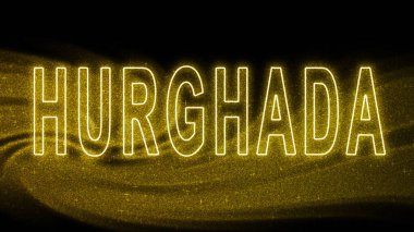 Hurghada Gold Işıltılı harfleri, Hurghada Turizm ve Seyahat, Yaratıcı yazı pankartı, siyah arkaplanda.