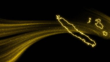 Yeni Kaledonya haritası, koyu arkaplanda altın parıltısı haritası