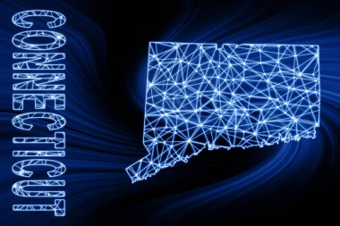 Connecticut haritası, çokgen ağ çizgisi haritası, koyu arkaplanda mavi harita.