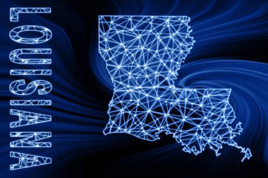 Louisiana haritası, Çokgen ağ çizgisi haritası, koyu arkaplanda mavi harita