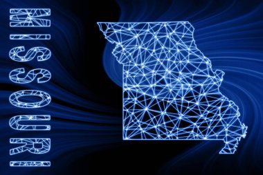 Missouri haritası, Çokgen ağ çizgisi haritası, koyu arkaplanda mavi harita