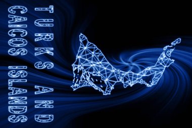 Türklerin ve Caicos Adalarının haritası, Çokgen ağ çizgisi haritası, koyu arkaplanda mavi harita