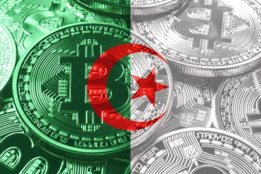 Cezayir bitcoin bayrağı, ulusal bayrak kripto para kavramı siyah arkaplan