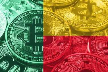 Benin bitcoin bayrağı, ulusal bayrak kripto para kavramı siyah arkaplan