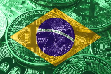 Brezilya bitcoin bayrağı, ulusal bayrak kripto para birimi kavramı siyah arkaplan
