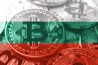 Bulgaristan bitcoin bayrağı ve ulusal bayrak kripto para birimi kavramı siyah arkaplan