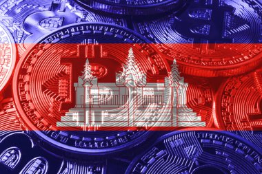 Kamboçya bitcoin bayrağı, ulusal bayrak kripto para kavramı siyah arkaplan