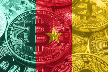 Kamerun bitcoin bayrağı, ulusal bayrak kripto para birimi kavramı siyah arkaplan