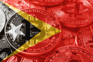 Doğu Timor bitcoin bayrağı, ulusal bayrak kripto para kavramı siyah arkaplan