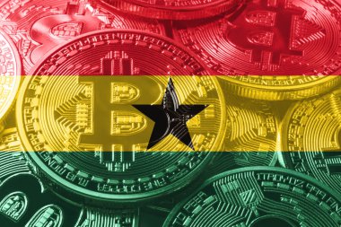 Gana bitcoin bayrağı, ulusal bayrak kripto para kavramı siyah arkaplan