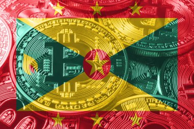 Grenada bitcoin bayrağı, ulusal bayrak kripto para birimi kavramı siyah arkaplan
