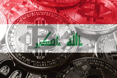 Irak bitcoin bayrağı, ulusal bayrak kripto para birimi kavramı siyah arkaplan