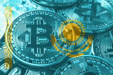 Kazakistan bitcoin bayrağı, ulusal bayrak kripto para kavramı siyah arkaplan