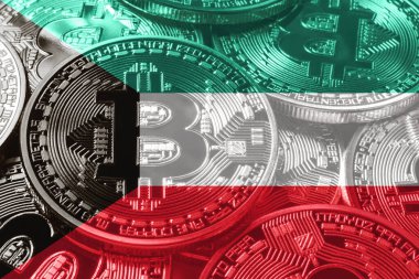 Kuveyt bitcoin bayrağı, ulusal bayrak kripto para birimi kavramı siyah arkaplan