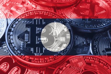 Laos bitcoin bayrağı, ulusal bayrak kripto para birimi kavramı siyah arkaplan