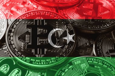 Libya bitcoin bayrağı, ulusal bayrak kripto para birimi kavramı siyah arkaplan