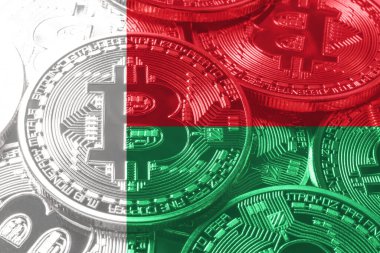 Madagaskar bitcoin bayrağı, ulusal bayrak kripto para kavramı siyah arkaplan