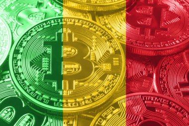 Mali bitcoin bayrağı, ulusal bayrak kripto para kavramı siyah arkaplan