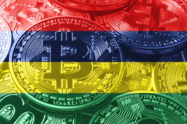 Mauritius bitcoin bayrağı, ulusal bayrak kripto para kavramı siyah arkaplan