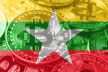 Myanmar bitcoin bayrağı, ulusal bayrak kripto para kavramı siyah arkaplan