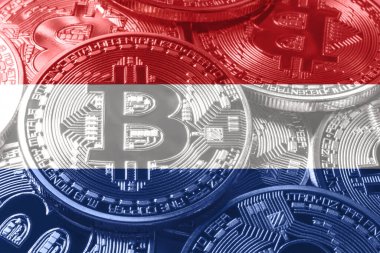 Hollanda bitcoin bayrağı, ulusal bayrak kripto para birimi kavramı siyah arkaplan