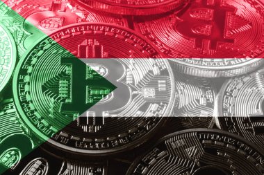 Sudan bitcoin bayrağı, ulusal bayrak kripto para birimi kavramı siyah arkaplan