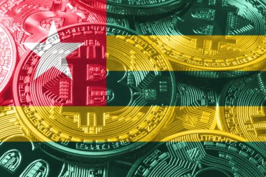 Togo bitcoin bayrağı, ulusal bayrak kripto para kavramı siyah arkaplan