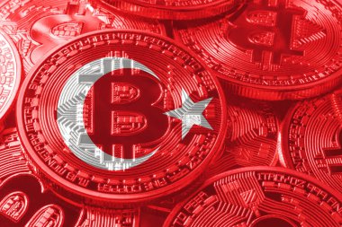 Türkiye bitcoin bayrağı, ulusal bayrak kripto para birimi kavramı siyah arkaplan