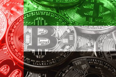 Birleşik Arap Emirlikleri bitcoin bayrağı, ulusal bayrak kripto para kavramı siyah arkaplan