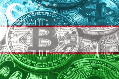 Özbekistan bitcoin bayrağı, ulusal bayrak kripto para birimi kavramı siyah arkaplan