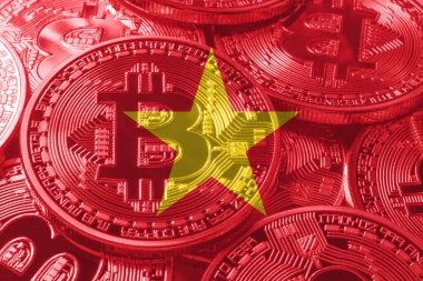 Vietnam bitcoin bayrağı, ulusal bayrak kripto para birimi kavramı siyah arkaplan