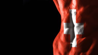 İsviçre bayrağı karın kaslarında ulusal spor antrenmanı, vücut geliştirme konsepti, siyah arka plan