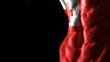 Karın kaslarına Tonga bayrağı ulusal spor antrenmanı vücut geliştirme konsepti, siyah arka plan