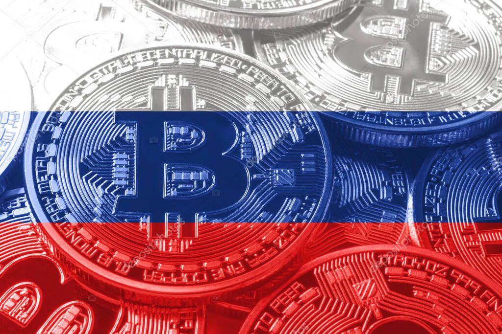 Russia bitcoin flag, national flag cryptocurrency concept black background