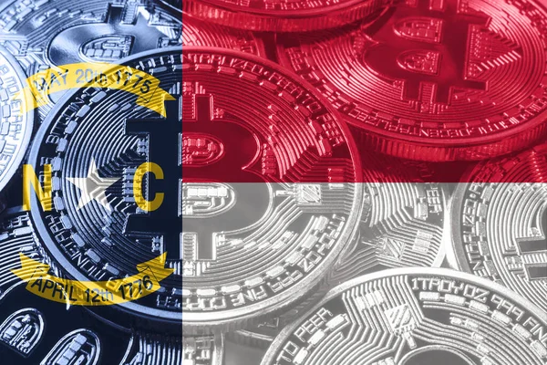 North Carolina bitcoin flag, North Carolina cryptocurrency concept background