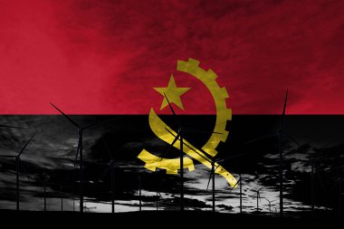 Günbatımında Angola bayrak rüzgar çiftliği, sürdürülebilir gelişim, yenilenebilir enerji türbinleri