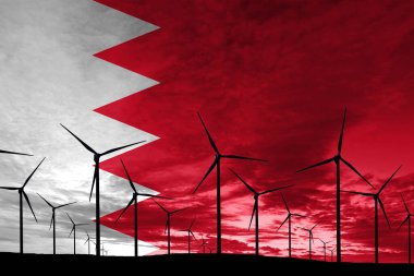Günbatımında Bahreyn bayrak rüzgar çiftliği, sürdürülebilir gelişim, yenilenebilir enerji türbinleri