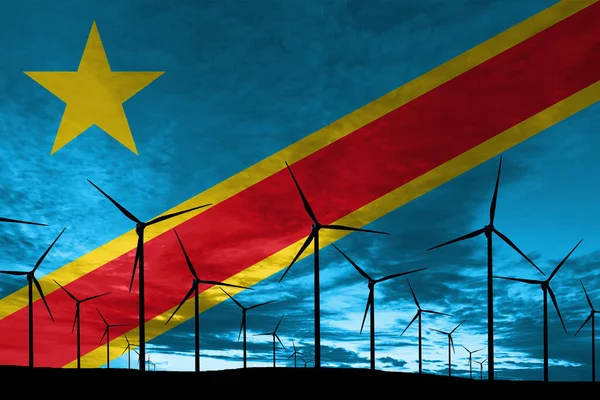 Democratic Republic of Congo flag wind farm at sunset, sustainable development, renewable energy Wind Turbines