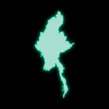 Myanmar haritası, eski yeşil bilgisayar terminal ekranı, koyu arkaplan üzerinde