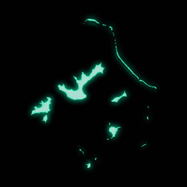 Fransız Polinezyası haritası, koyu arkaplanda eski yeşil bilgisayar terminal ekranı.