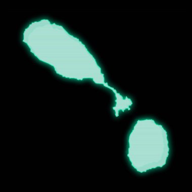 Saint Kitts ve Nevis 'in haritası, eski yeşil terminal ekranı, koyu arkaplanda.