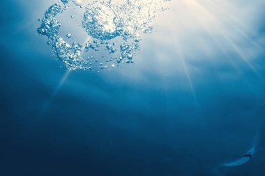 Güneş ışığıyla birlikte su altı kabarcıkları. Sualtı Arkaplanı Baloncukları.