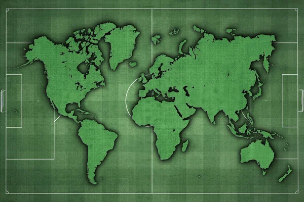 World Map Soccer Field Green Grass Ποδόσφαιρο Κόσμος Αθλητισμός Φόντο — Φωτογραφία Αρχείου