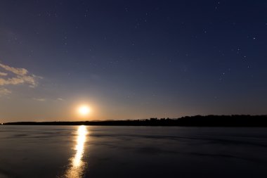 Beautiful night sky constellations Scorpius, Sagittarius, Scutum, Aguila, Sagitta, Serpens, Libra, Ophiuchus. Moon reflection on Danube river. Stars Antares, Altair, Planet Saturn. clipart