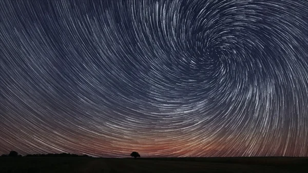 Hermosa espiral Star Trails sobre archivado con el árbol solitario. Hermoso cielo nocturno . — Foto de Stock