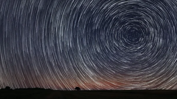 Bella Spiral Star Trails oltre archiviato con albero solitario. Bel cielo notturno . Foto Stock Royalty Free