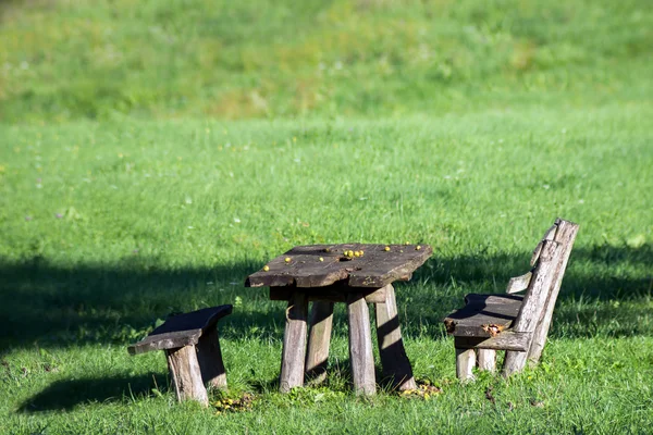 Old wooden bench and table under apple tree. Early Autumn apples falling on table. Romantic picnic place. — Stock Photo, Image